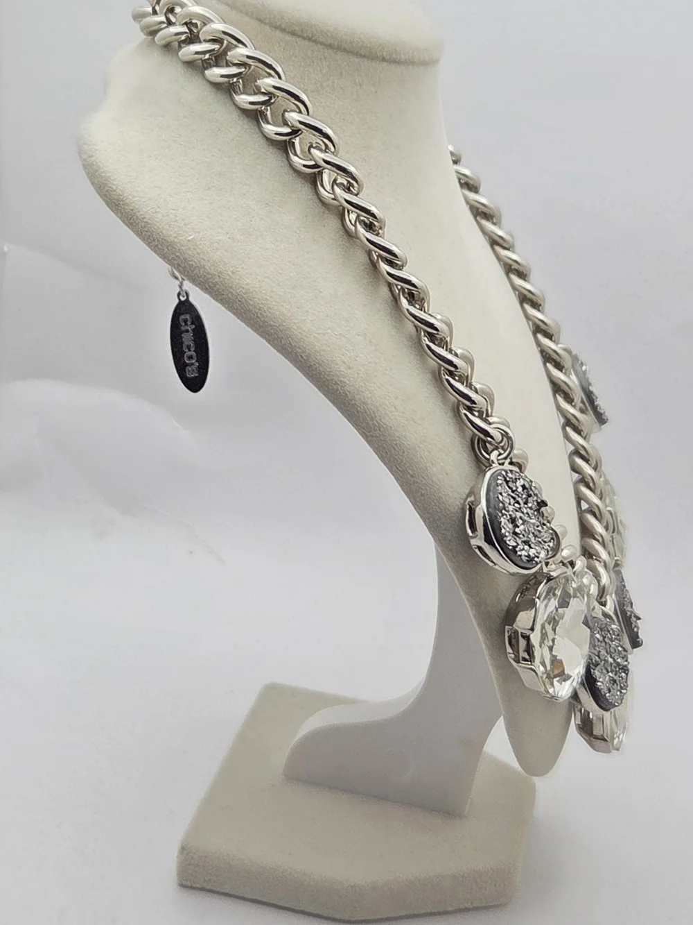 Chico's Silver Tone Chunky Chain Statement Necklace Faux Druzy Crystal 20